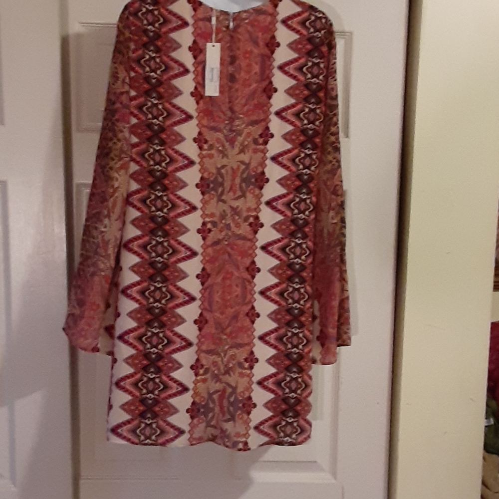 Lavender Brown Silk Boho Mini Dress NWT Size Small V-Neck Flare Sleeve - Picture 5 of 9